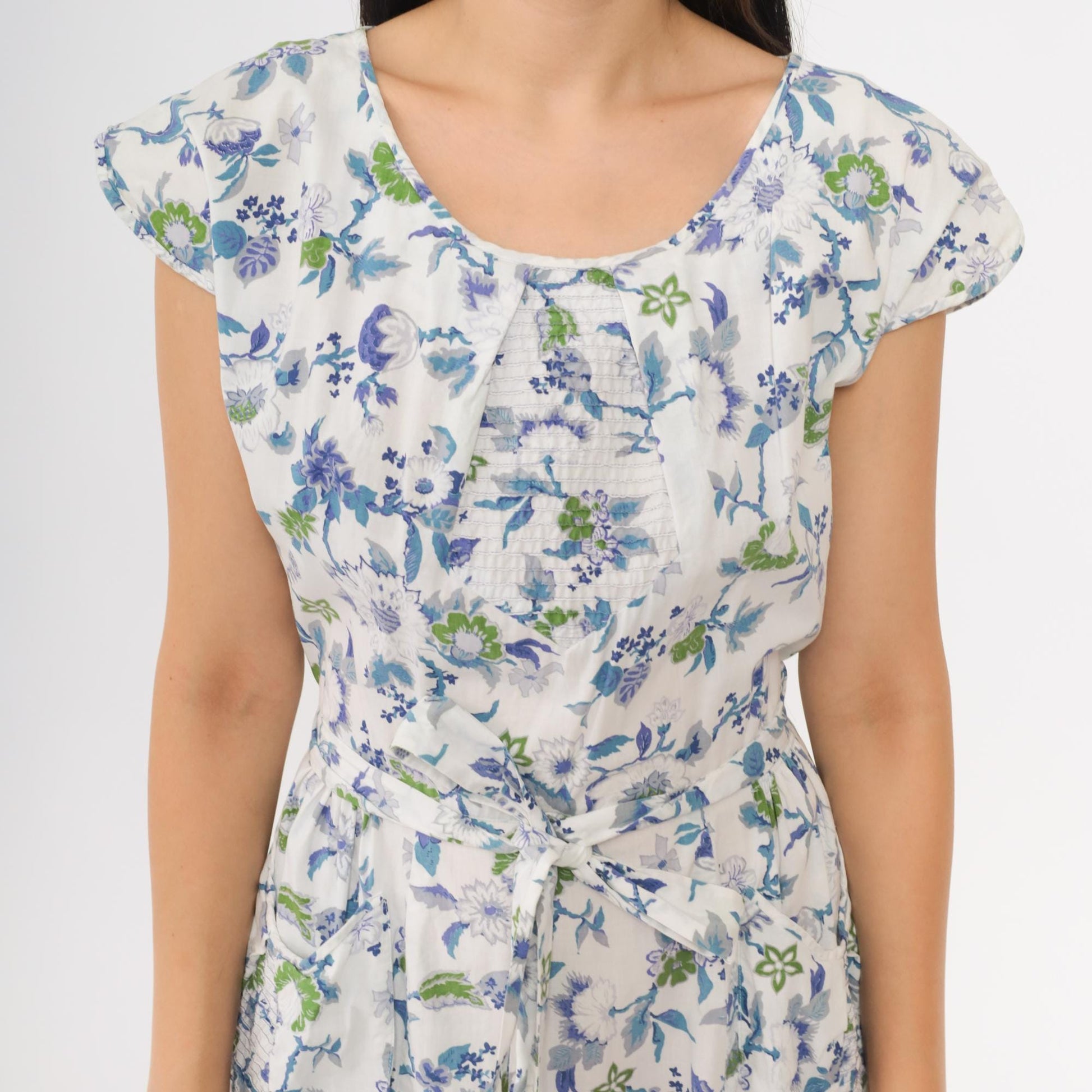 60s Swirl Floral Wrap Dress Blue White Cap Sleeve Midi Tie Waist Medium M