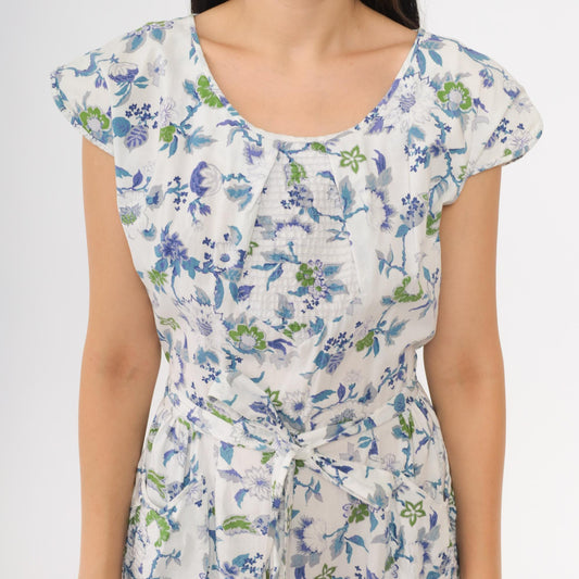 60s Swirl Floral Wrap Dress Blue White Cap Sleeve Midi Tie Waist Medium M