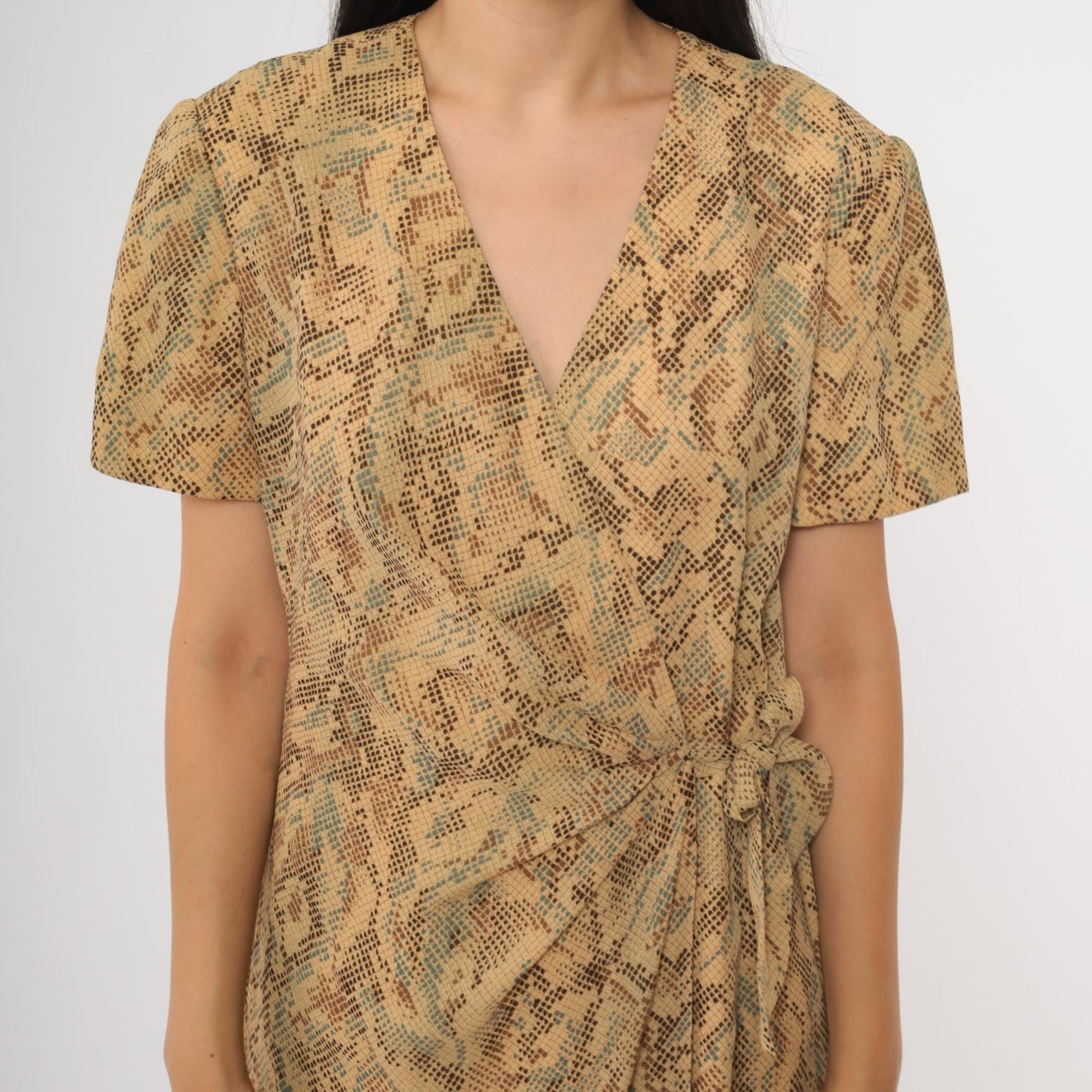 90s Talbots Snake Print Wrap Dress Short Sleeve V-Neck Beige Brown Medium