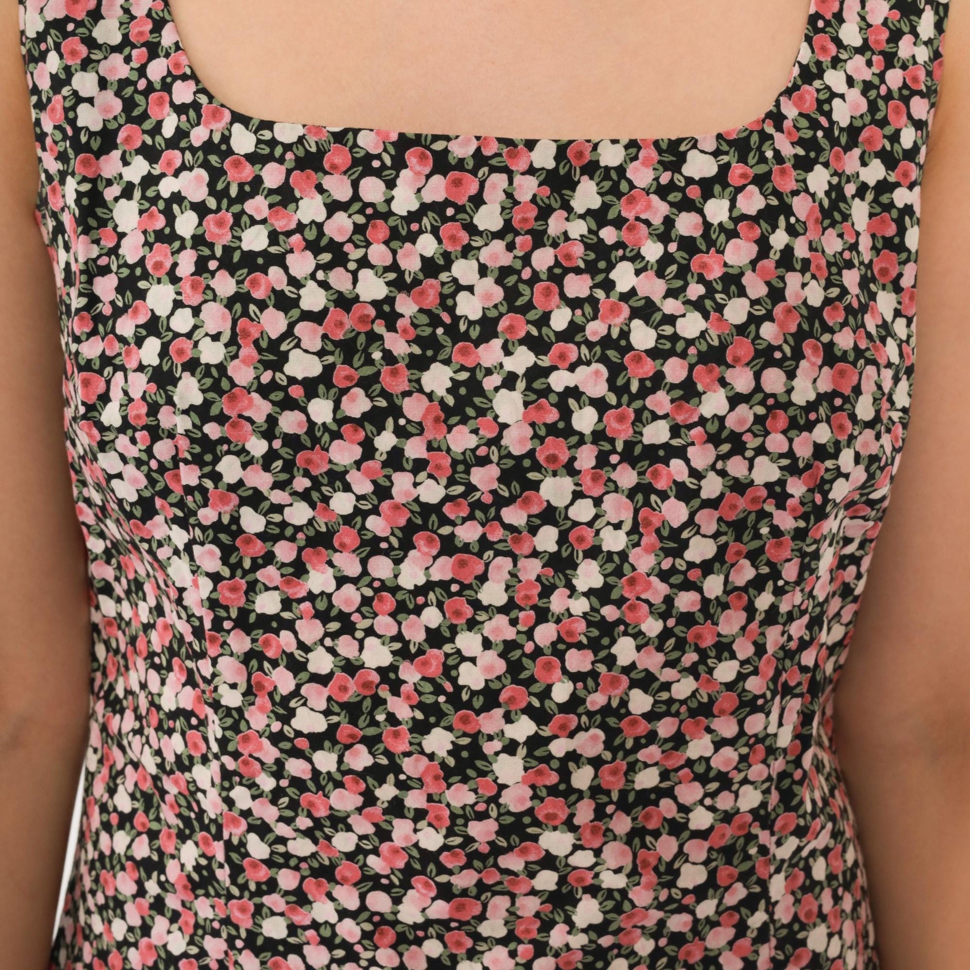 90s Black Floral Mini Dress Square Neck Sleeveless Bodycon Ditsy Print Medium