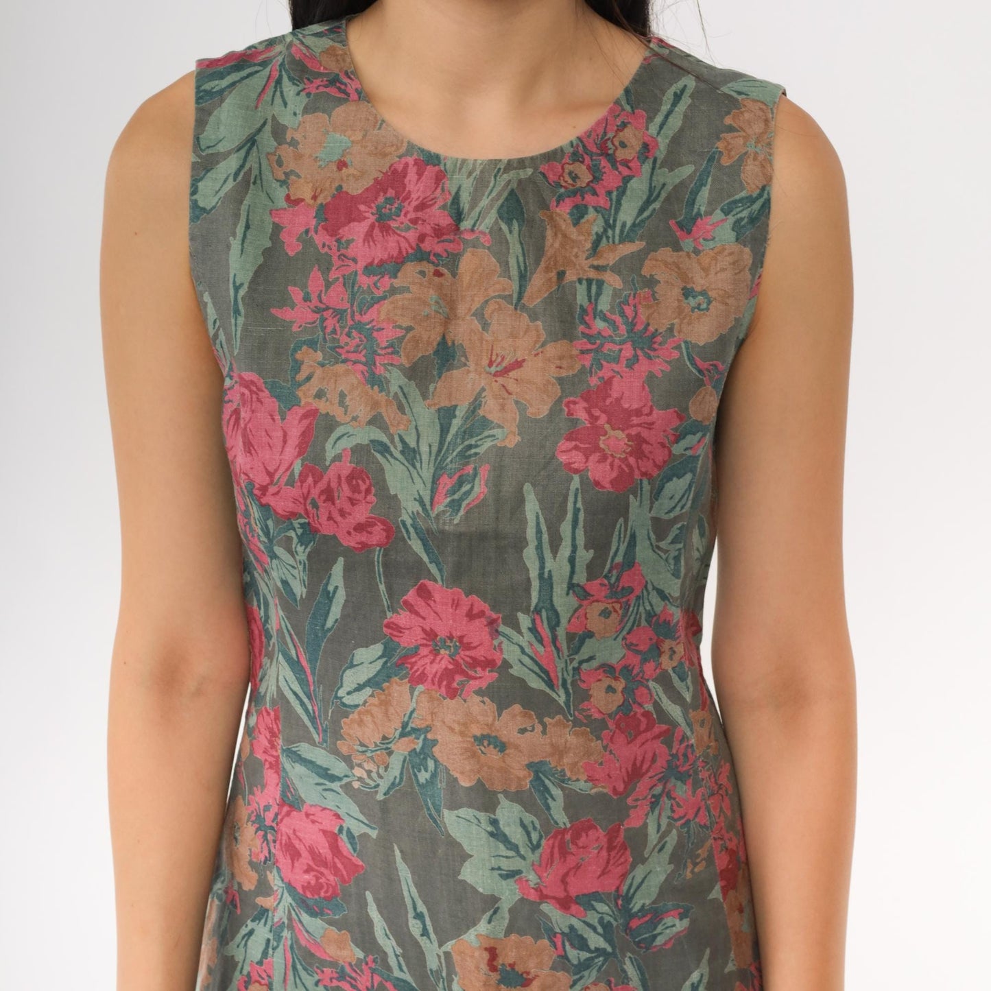 90s Floral Shift Dress Grey Green Pink Brown Botanical Midi Sleeveless Small
