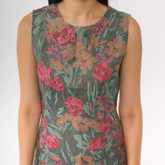 90s Floral Shift Dress Grey Green Pink Brown Botanical Midi Sleeveless Small