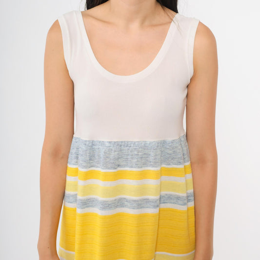 70s Yellow Grey Striped Maxi Dress Sleeveless Scoop Neck A-Line Medium