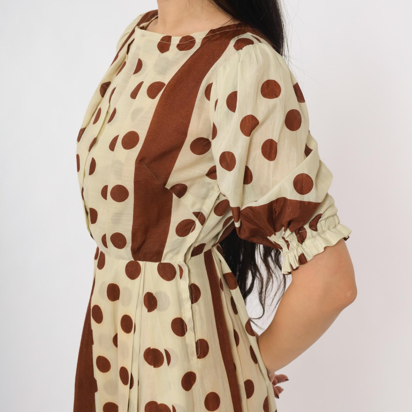 60s Brown White Polka Dot Puff Sleeve Dress Knee Length Extra Small XS