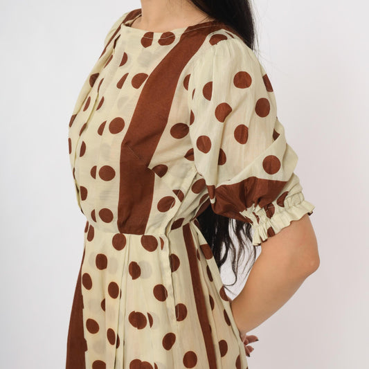 60s Brown White Polka Dot Puff Sleeve Dress Knee Length Extra Small XS