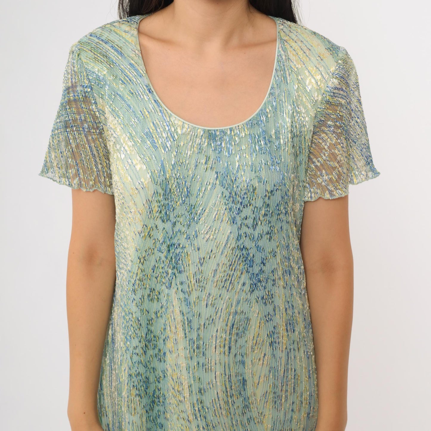 90s Ronni Nicole Iridescent Shimmer Shift Dress Blue Green Knee Length Large