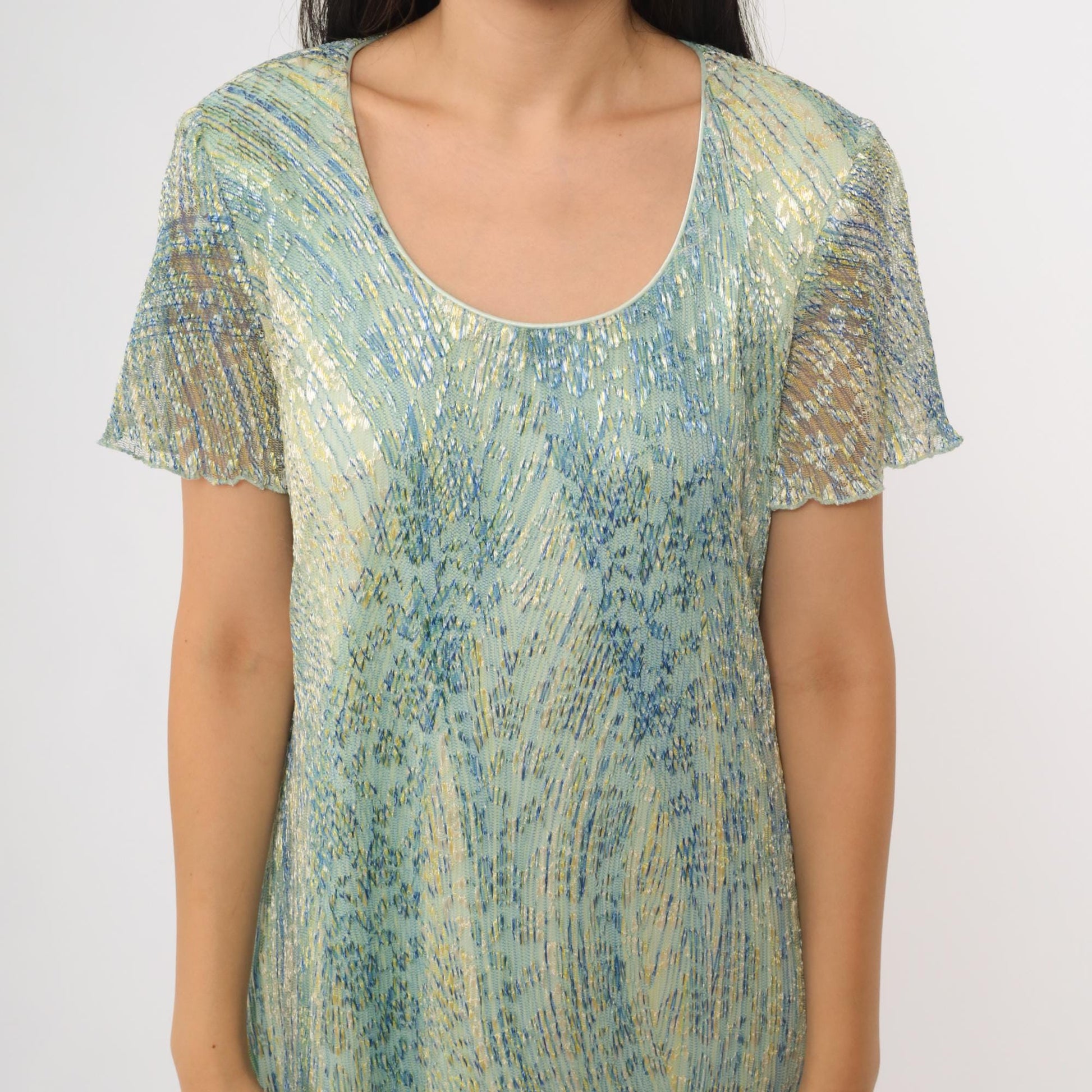 90s Ronni Nicole Iridescent Shimmer Shift Dress Blue Green Knee Length Large