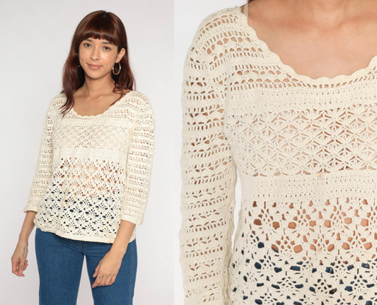 00s Lucky Brand Crochet Long Sleeve Top Cream Sheer Cutout Large L