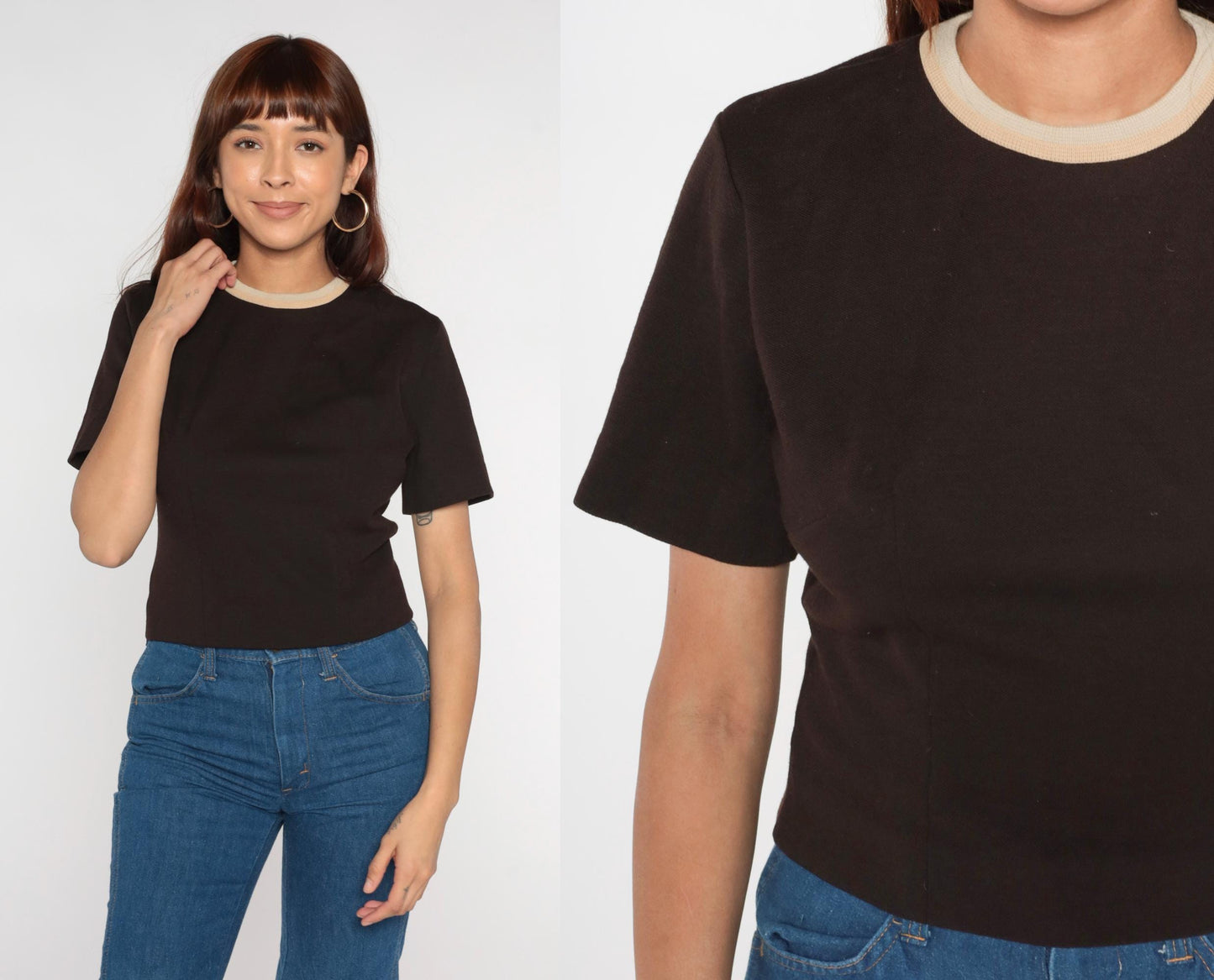 70s Cream Ringer Tee Brown Trim Cropped Fitted Short Sleeve Medium