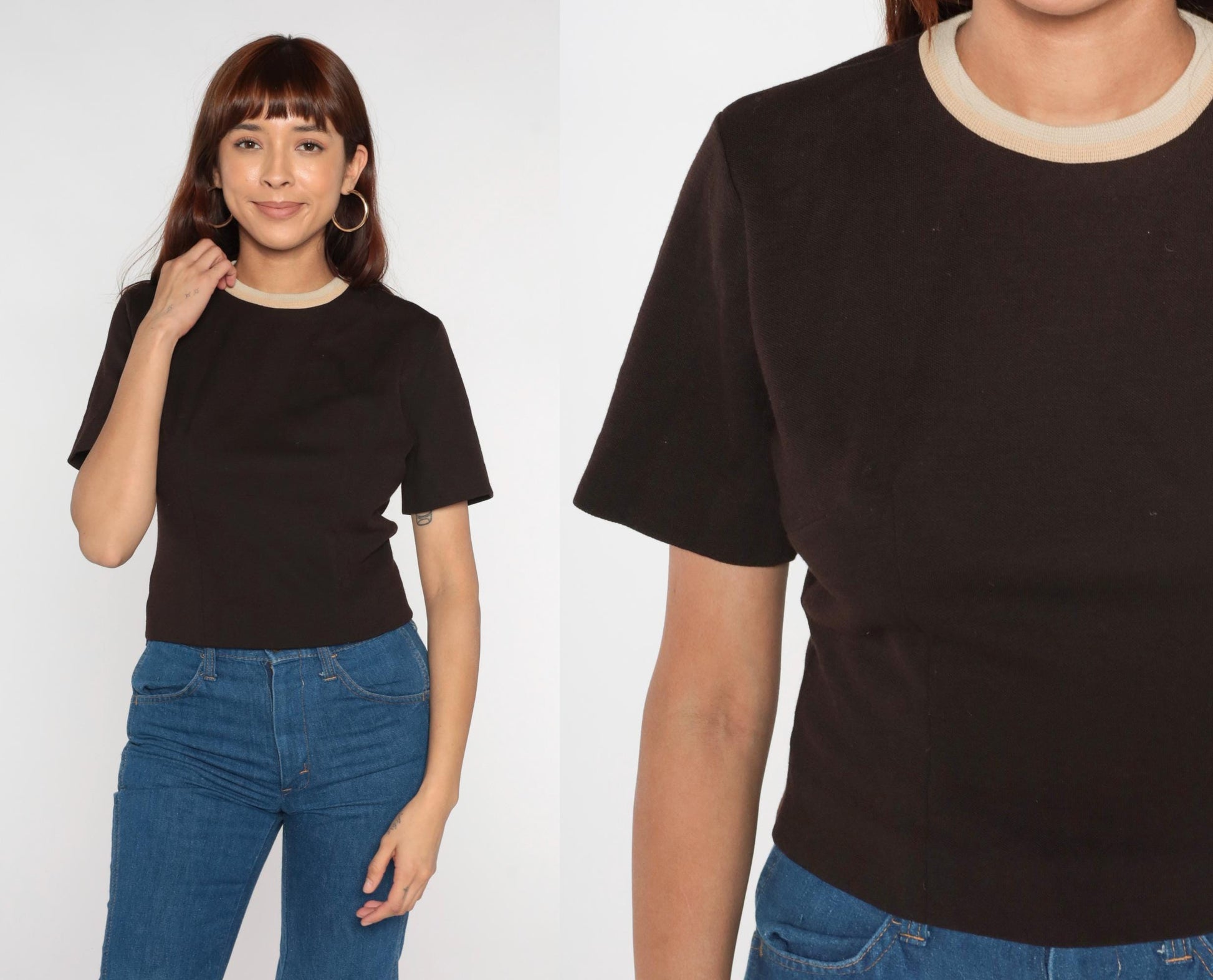 70s Cream Ringer Tee Brown Trim Cropped Fitted Short Sleeve Medium