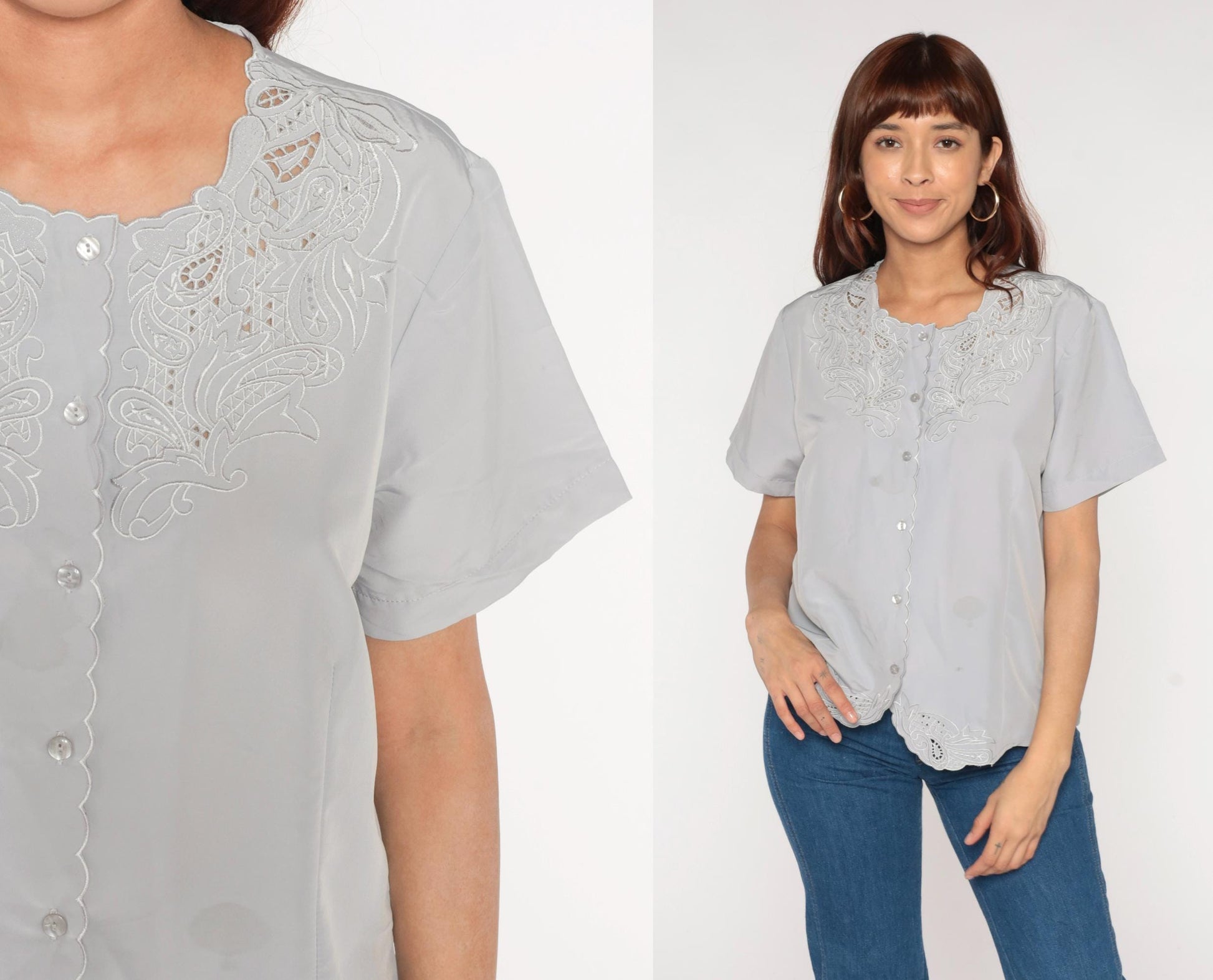 Y2K Anthony Richards Grey Embroidered Blouse Cutwork Paisley Scalloped Hem Medium