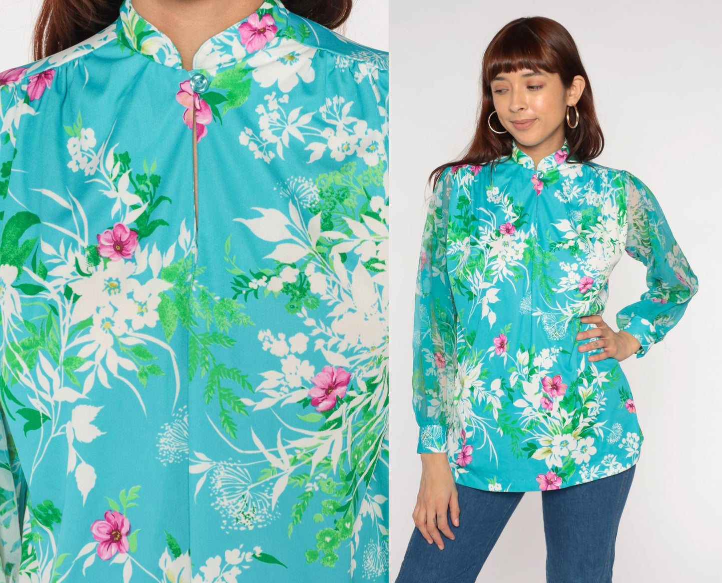 70s Hawaiian Turquoise Floral Blouse Long Sleeve Button Front Medium M