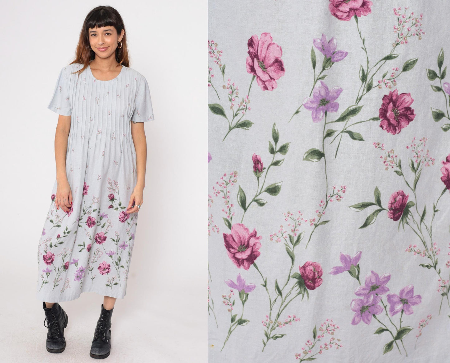 90s Miss Dorby Grey Floral Midi Dress Pink Purple Pleated Linen Large L