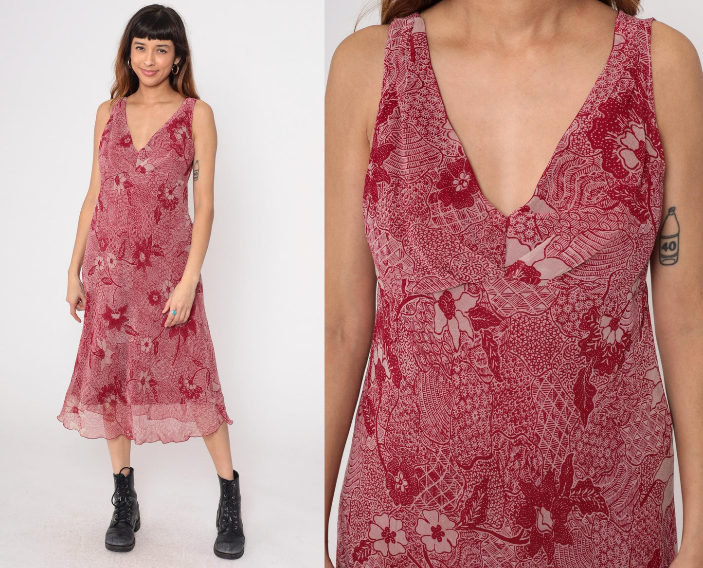 Y2K Red Paisley Midi Dress Sleeveless V Neck Floral Chiffon Medium