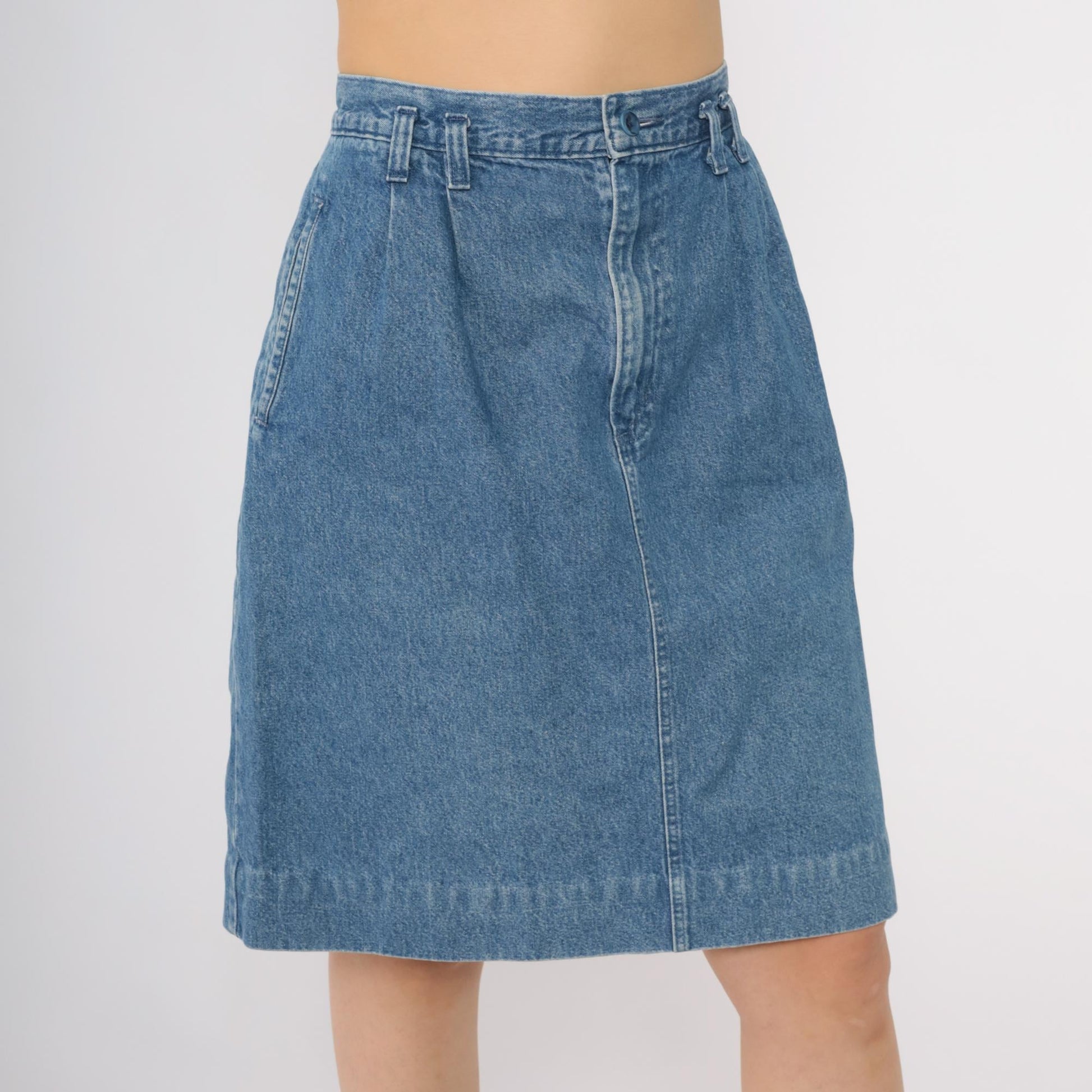 90s Lands End Denim A-Line Midi Skirt High Waist Blue Cotton Large L