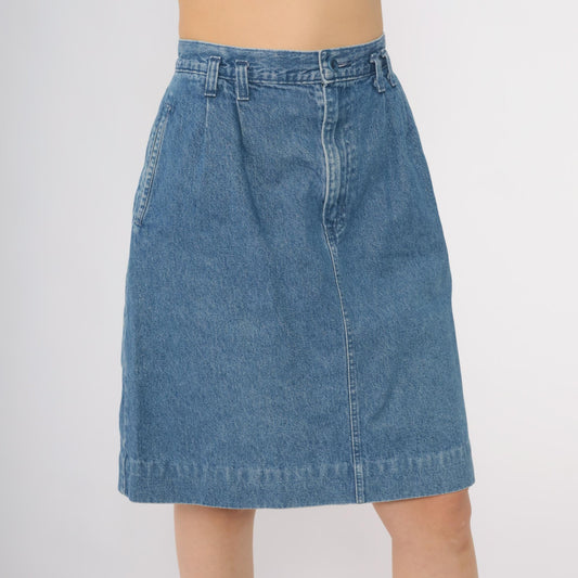 90s Lands End Denim A-Line Midi Skirt High Waist Blue Cotton Large L