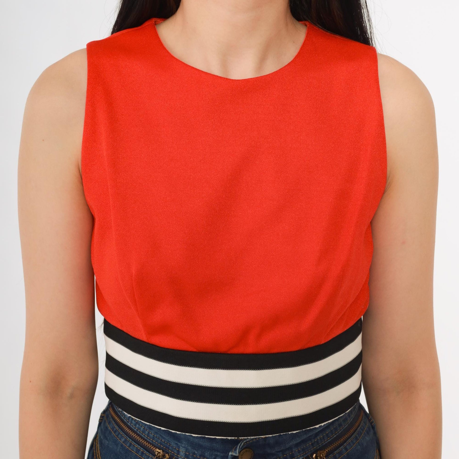 70s Red Orange Tank Top Striped Waistband Cropped Sleeveless Extra Small 2XS