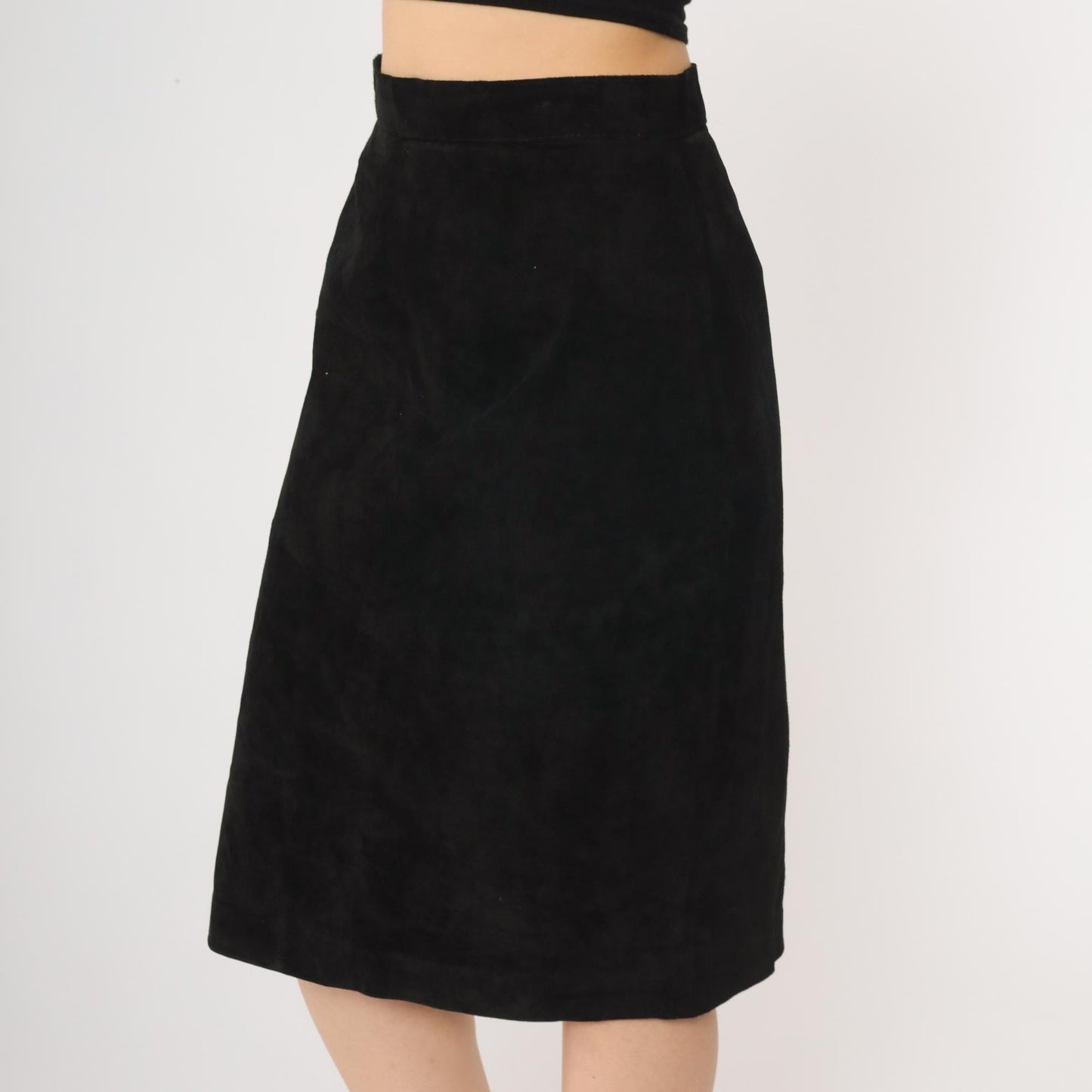 90s Evan Davies Black Suede Midi Skirt High Waisted Side Zip Medium