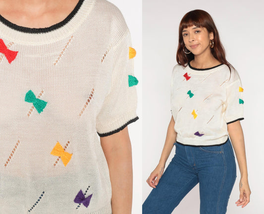 80s Bow Print Sweater Cream Rainbow Short Sleeve Knit Medium M