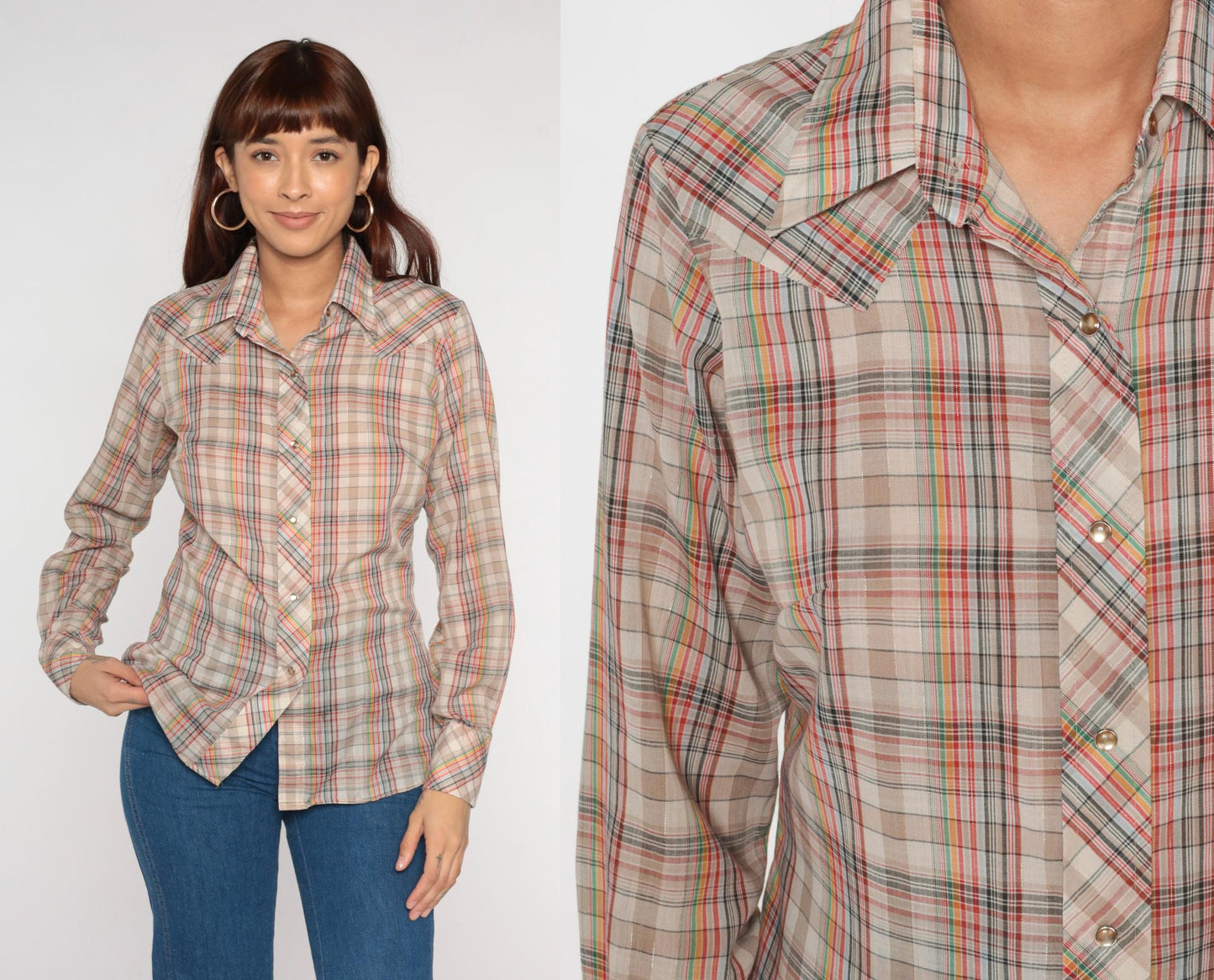 70s Western Pearl Snap Shirt Metallic Plaid Tan Red Green Navy Small