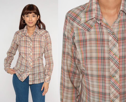 70s Western Pearl Snap Shirt Metallic Plaid Tan Red Green Navy Small