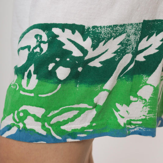 80s White Athletic Shorts Green Leaf Print Running Gym Medium