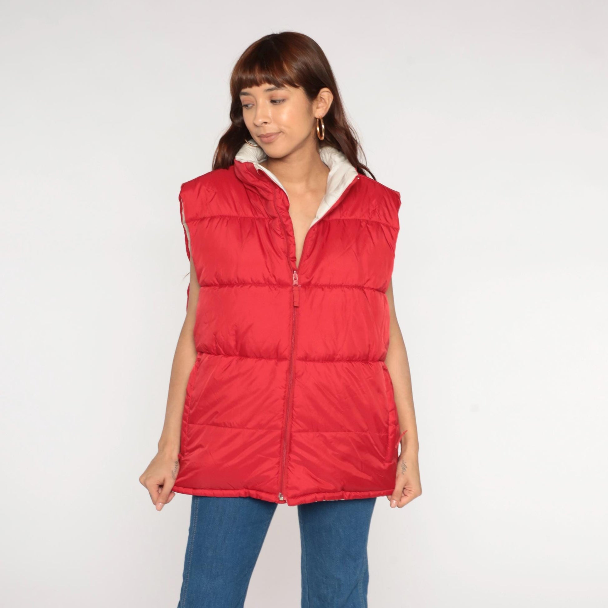 Y2K Red Puffer Vest Reversible Cream Zip Front Sleeveless Large L
