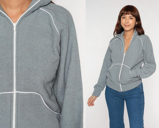 80s Jaguar Grey Zip-Up Sweatshirt White Piping Collar Small S