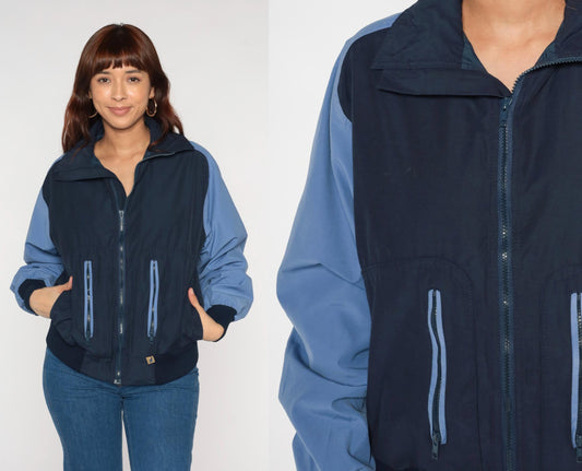 80s Navy Light Blue Colorblock Windbreaker Zip Jacket Medium M