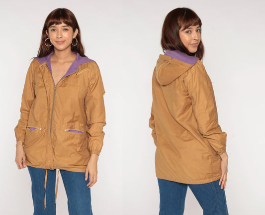 80s Aspen Tan Windbreaker Hood Zip Front Jacket Purple Lining Small