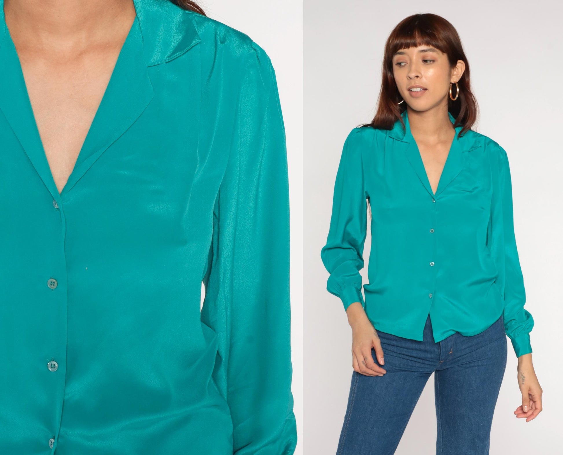 80s Teal Green Button-Up Shirt Christy Ann Short Sleeve Blouse Small