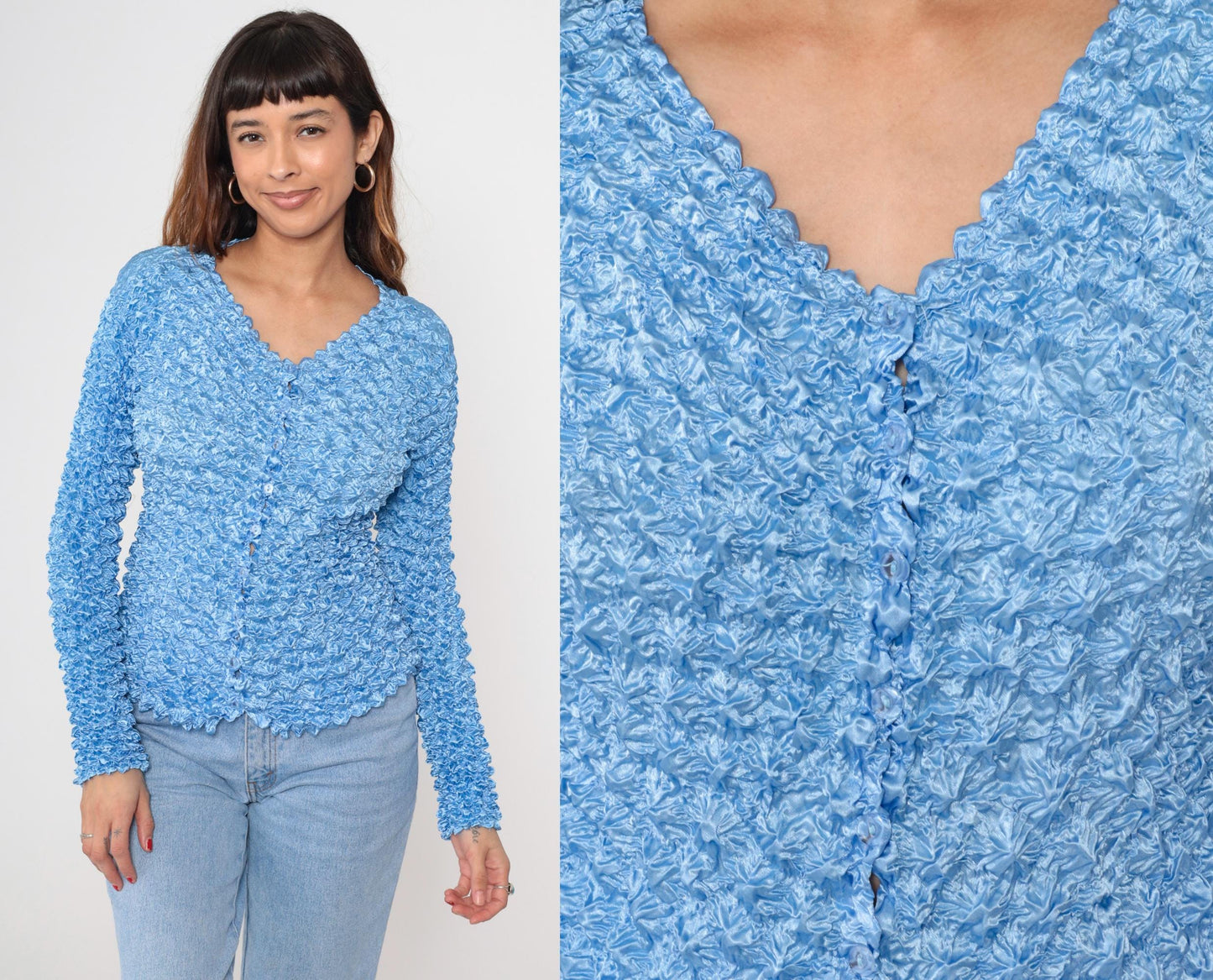 Y2K Light Blue Popcorn Cardigan Bubble Knit Button-Up Small