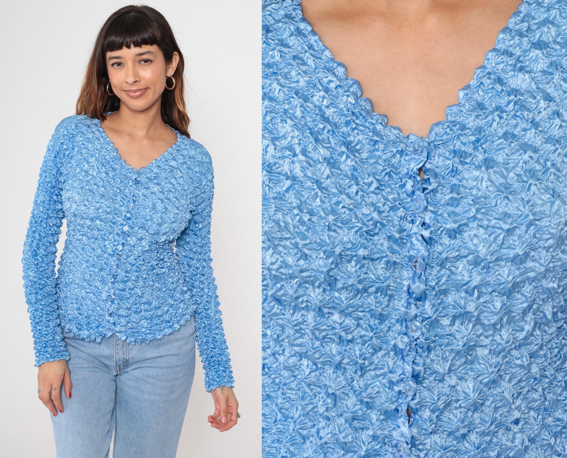 Y2K Light Blue Popcorn Cardigan Bubble Knit Button-Up Small