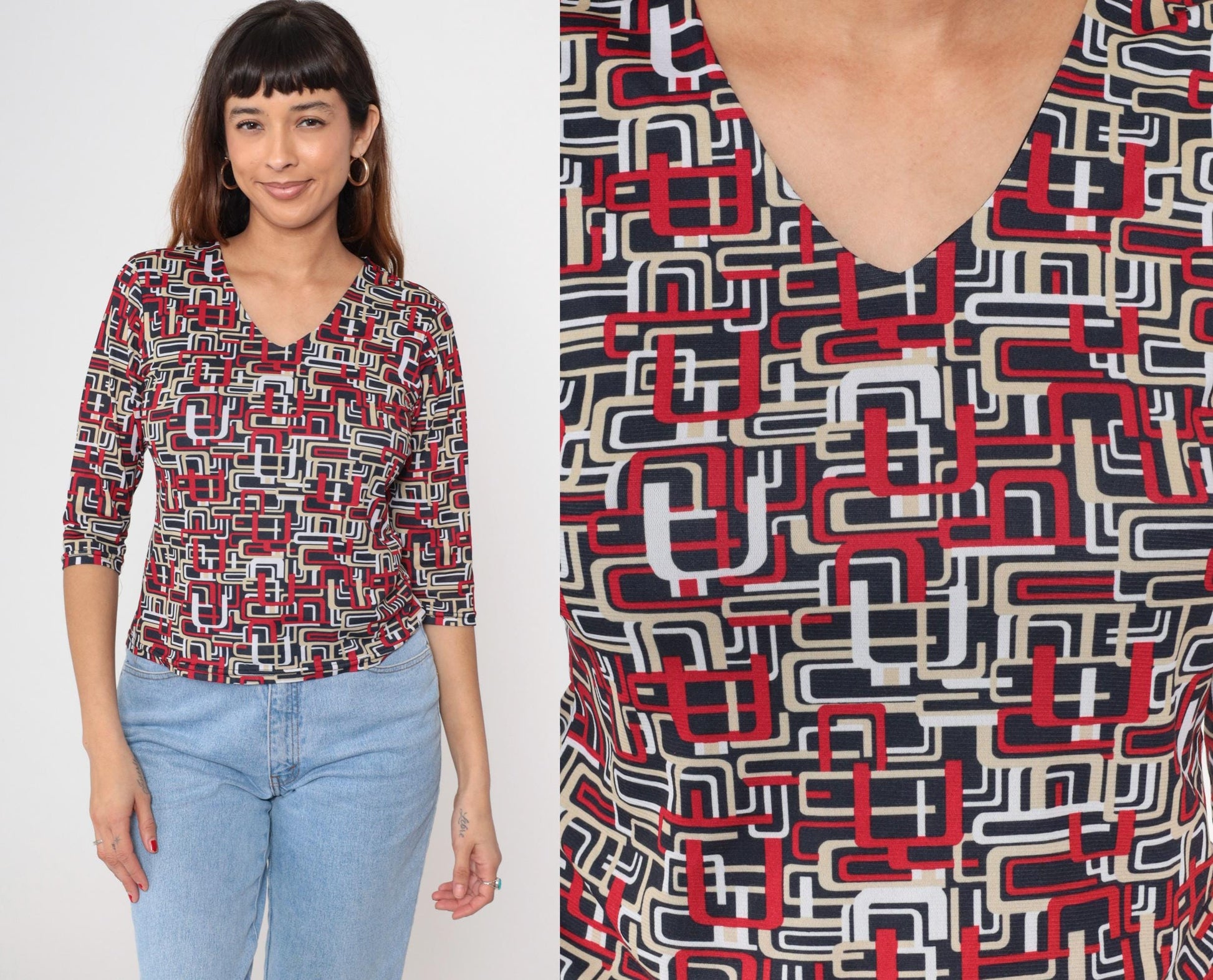 Y2K Erena Petite Geometric Abstract V-Neck Blouse Red Black White Small S
