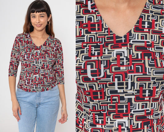 Y2K Erena Petite Geometric Abstract V-Neck Blouse Red Black White Small S