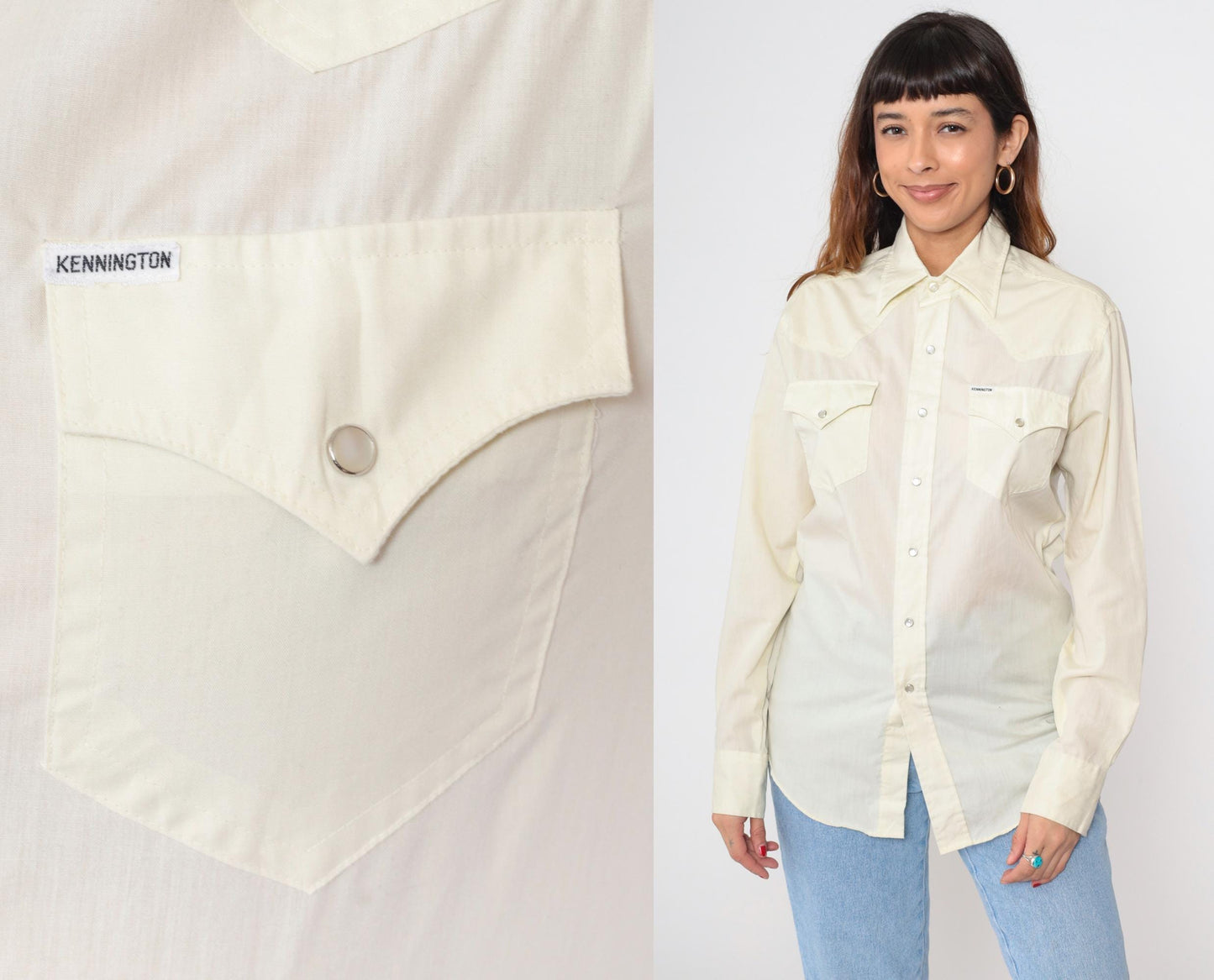 70s Kennington Western Pearl Snap Shirt Pale Yellow Long Sleeve Medium