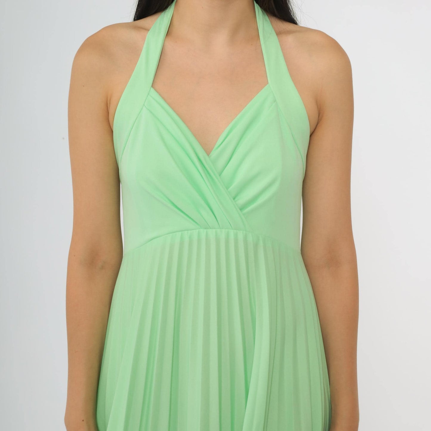 70s Lime Green Halter Maxi Dress Pleated V-Neck Floor-Length Small