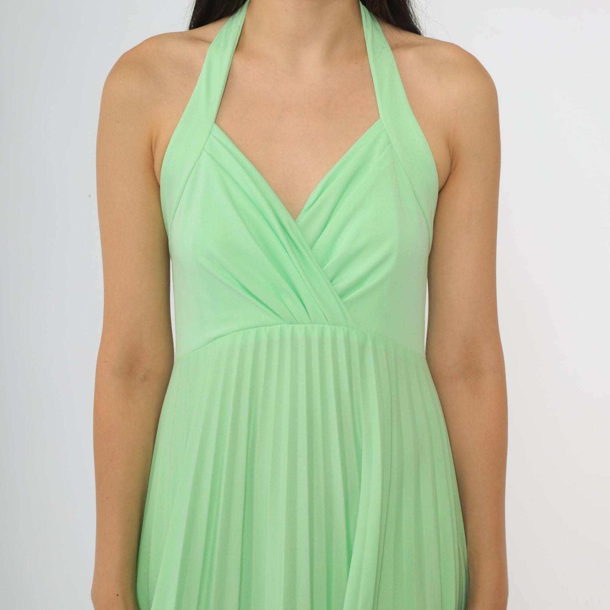 70s Lime Green Halter Maxi Dress Pleated V-Neck Floor-Length Small