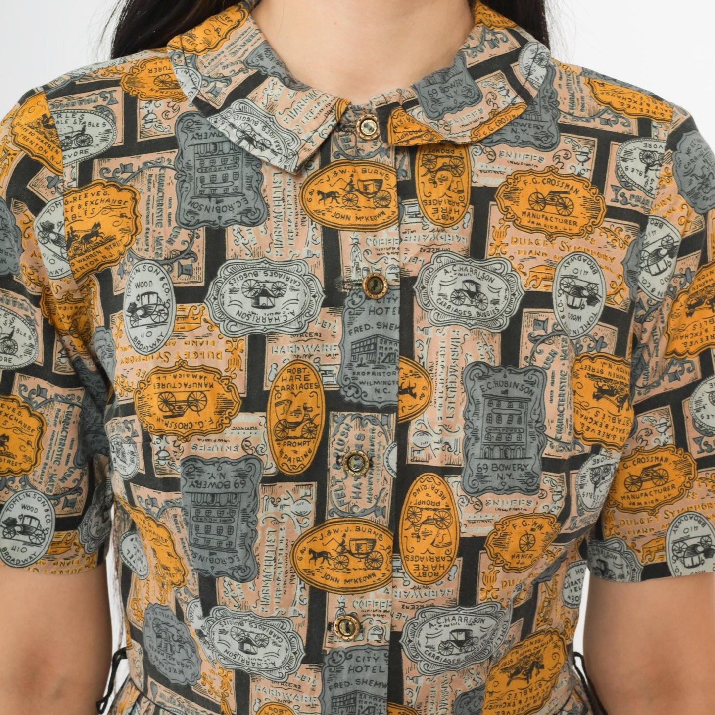 60s Novelty Advertisement Print Dress Yellow Grey Collar Button Front Knee Length Extra Small XS