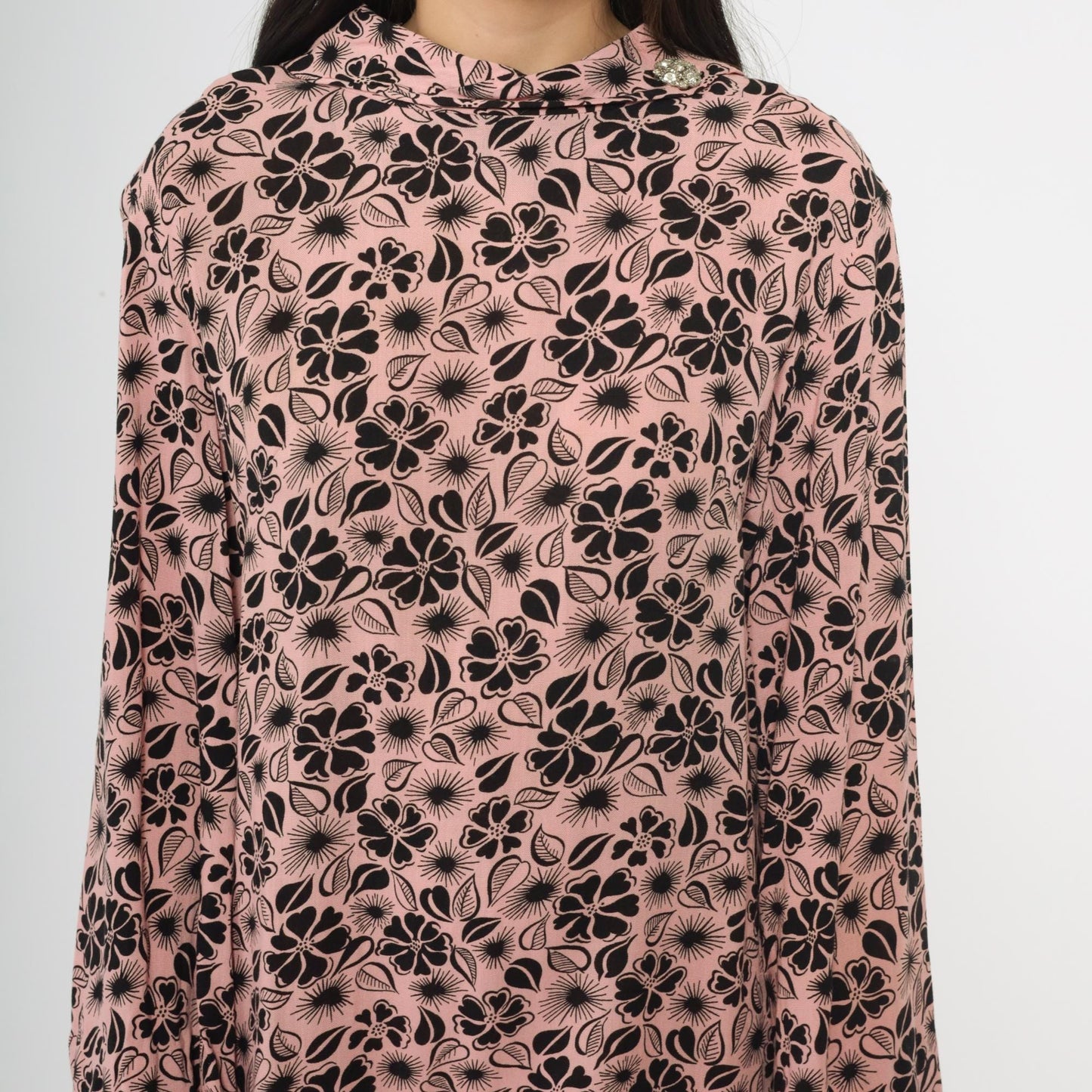 60s Pink Floral Mod Mini Dress Long Sleeve A-Line Shift Large L