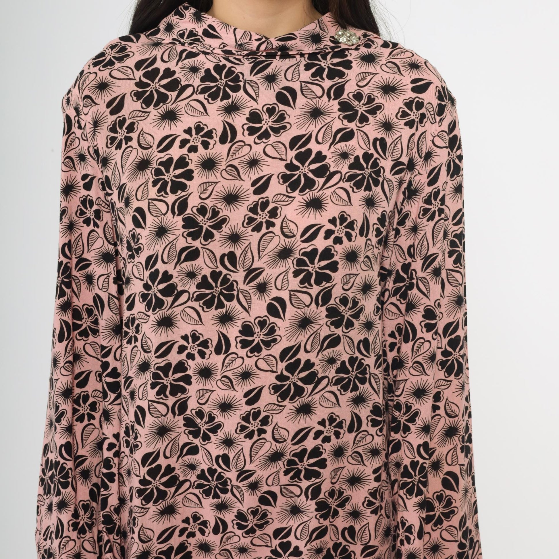 60s Pink Floral Mod Mini Dress Long Sleeve A-Line Shift Large L