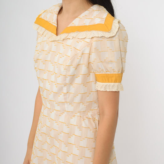 70s Prairie Babydoll Dress Cream Yellow Geometric Print Lace Trim Medium M