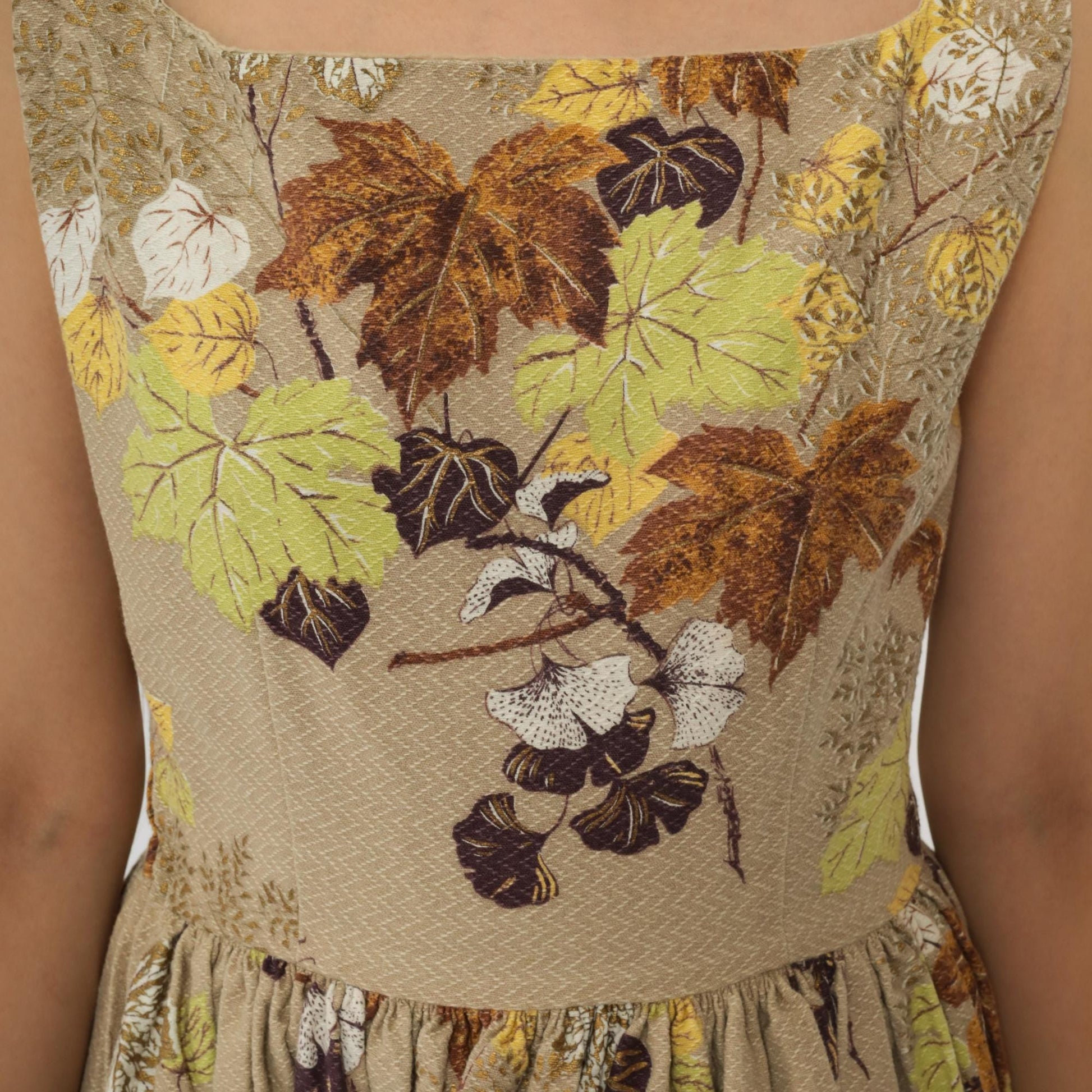 60s Leaf Print Dress Tan Brown Square Neck A-Line Cotton Small