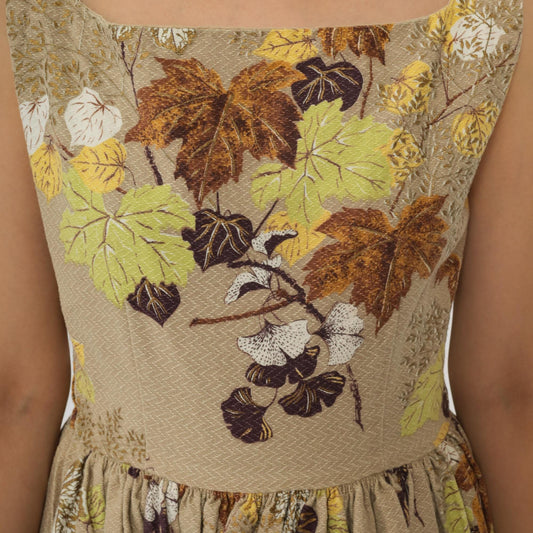 60s Leaf Print Dress Tan Brown Square Neck A-Line Cotton Small