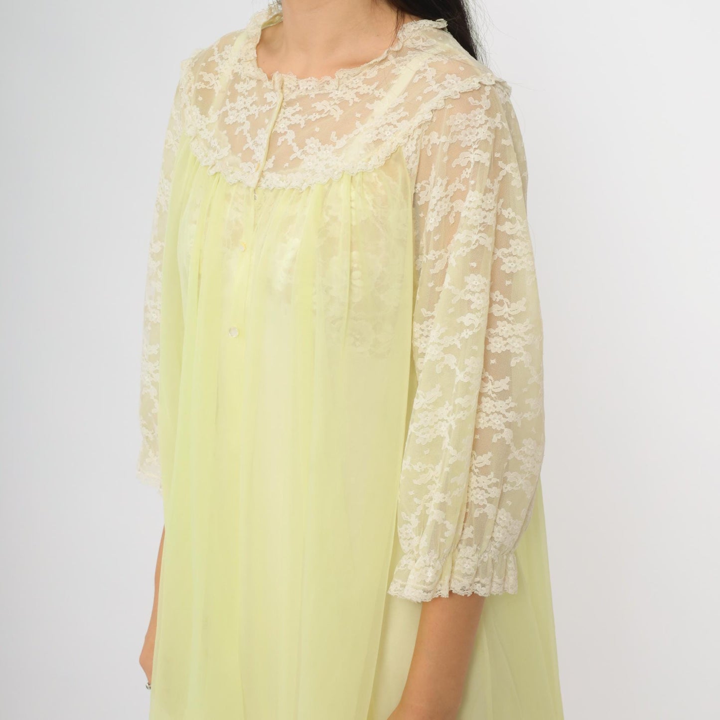 70s Van Raalte Yellow Lace Nightgown Long Sleeve Babydoll Medium M