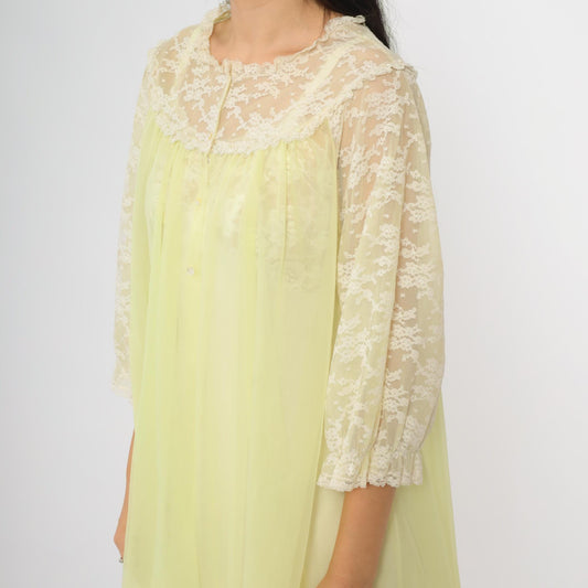 70s Van Raalte Yellow Lace Nightgown Long Sleeve Babydoll Medium M