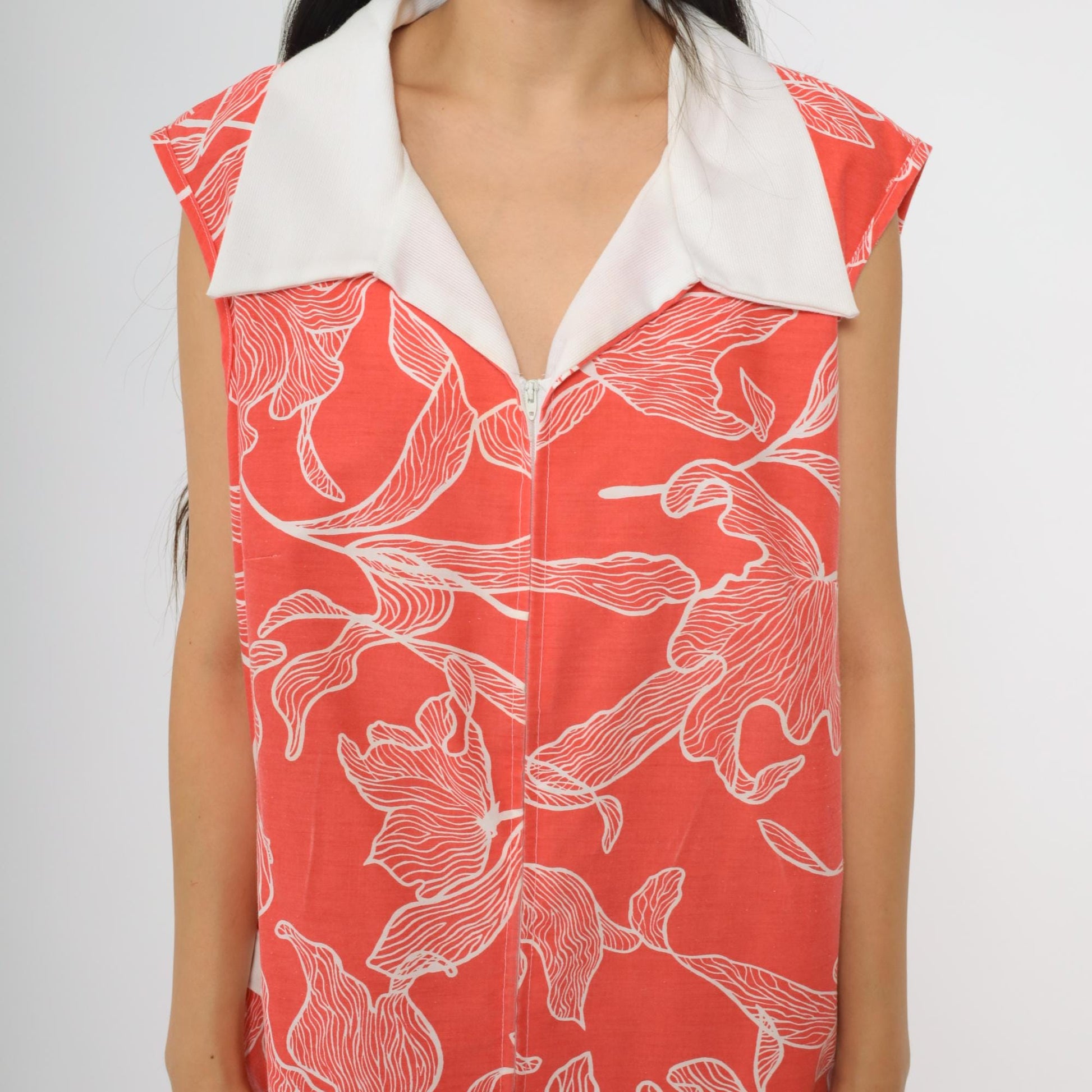 70s Komar Floral Shift Dress Coral Red White Lily Print Extra Large XL