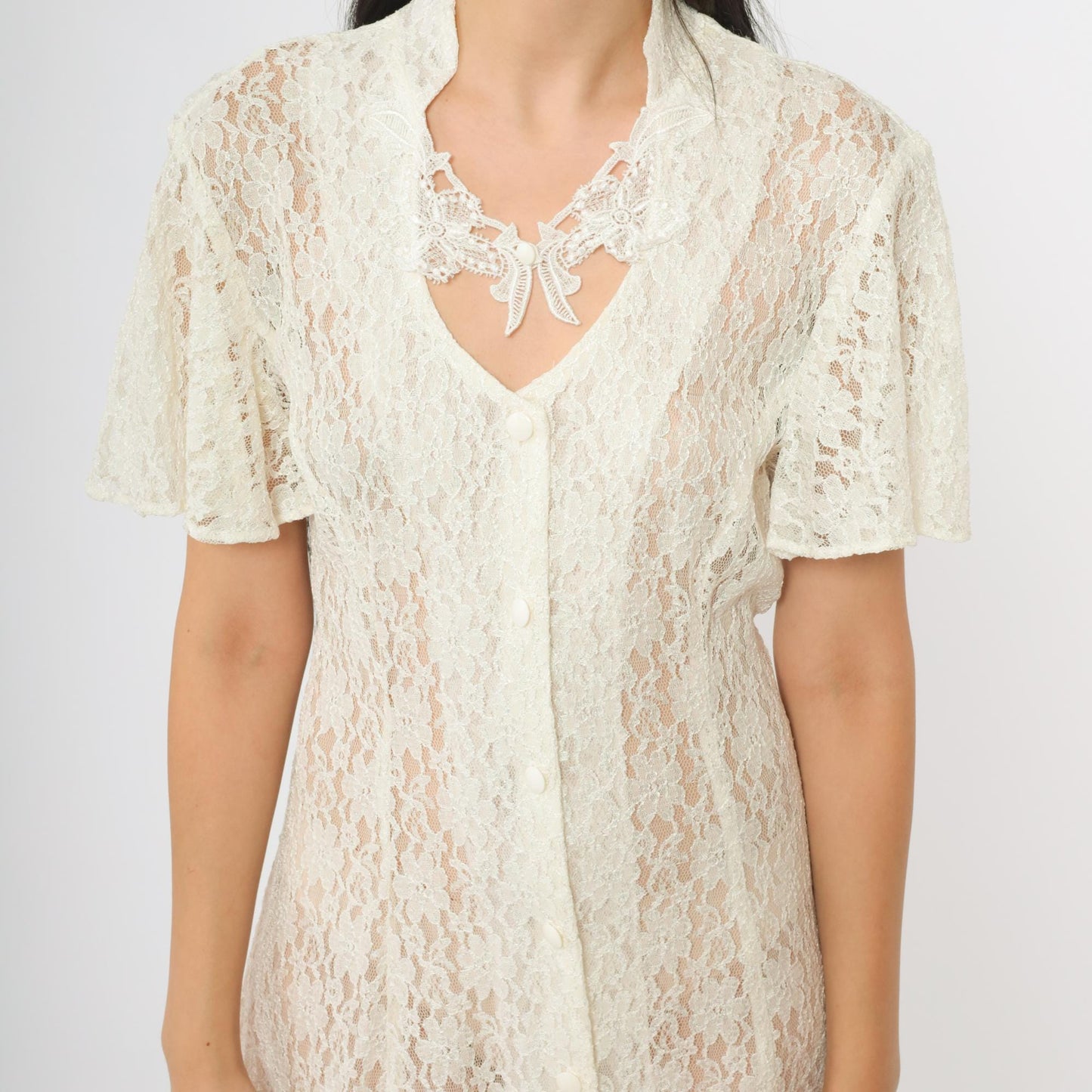 90s Dawn Joy Fashions White Lace Midi Dress V-Neck Bow Floral Medium