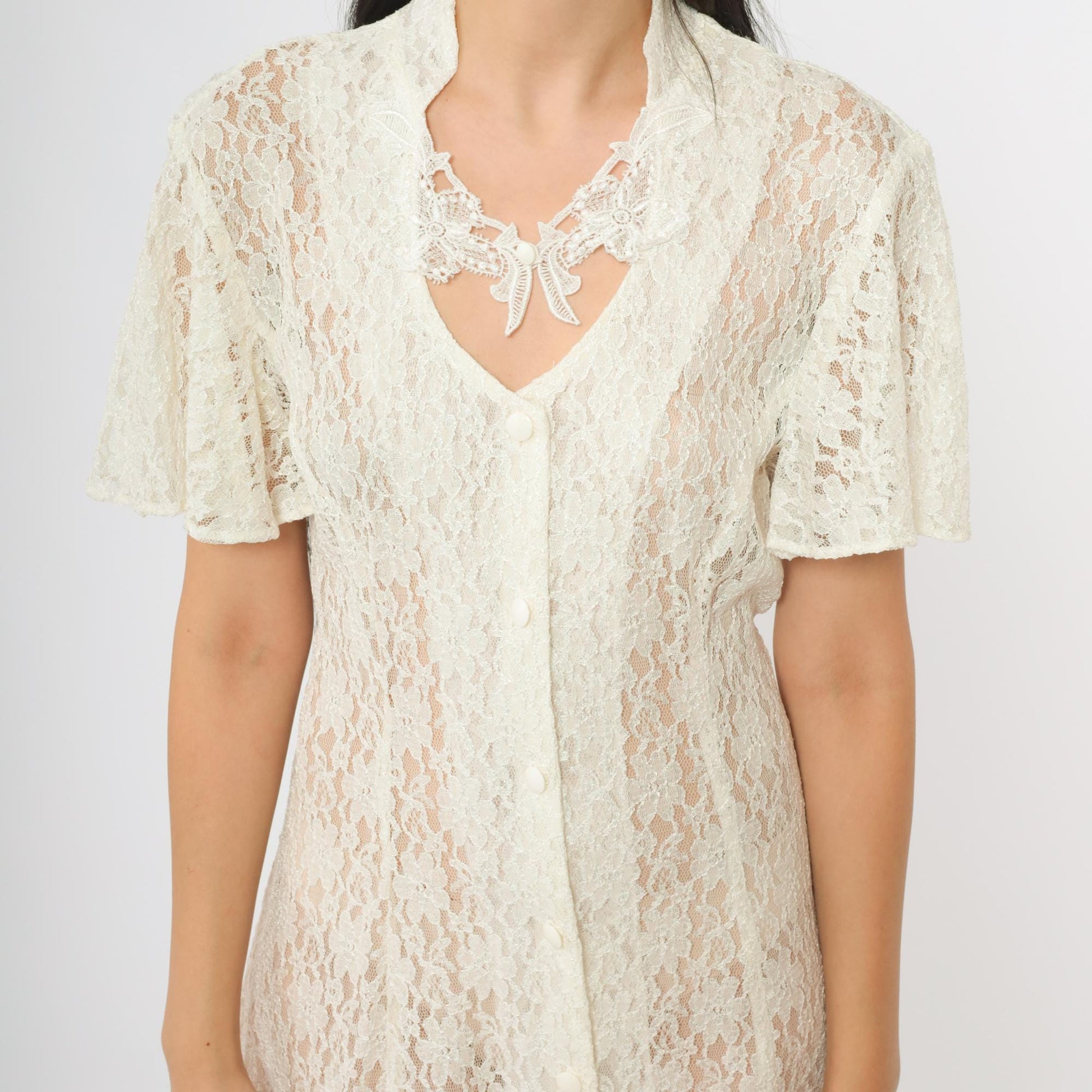 90s Dawn Joy Fashions White Lace Midi Dress V-Neck Bow Floral Medium