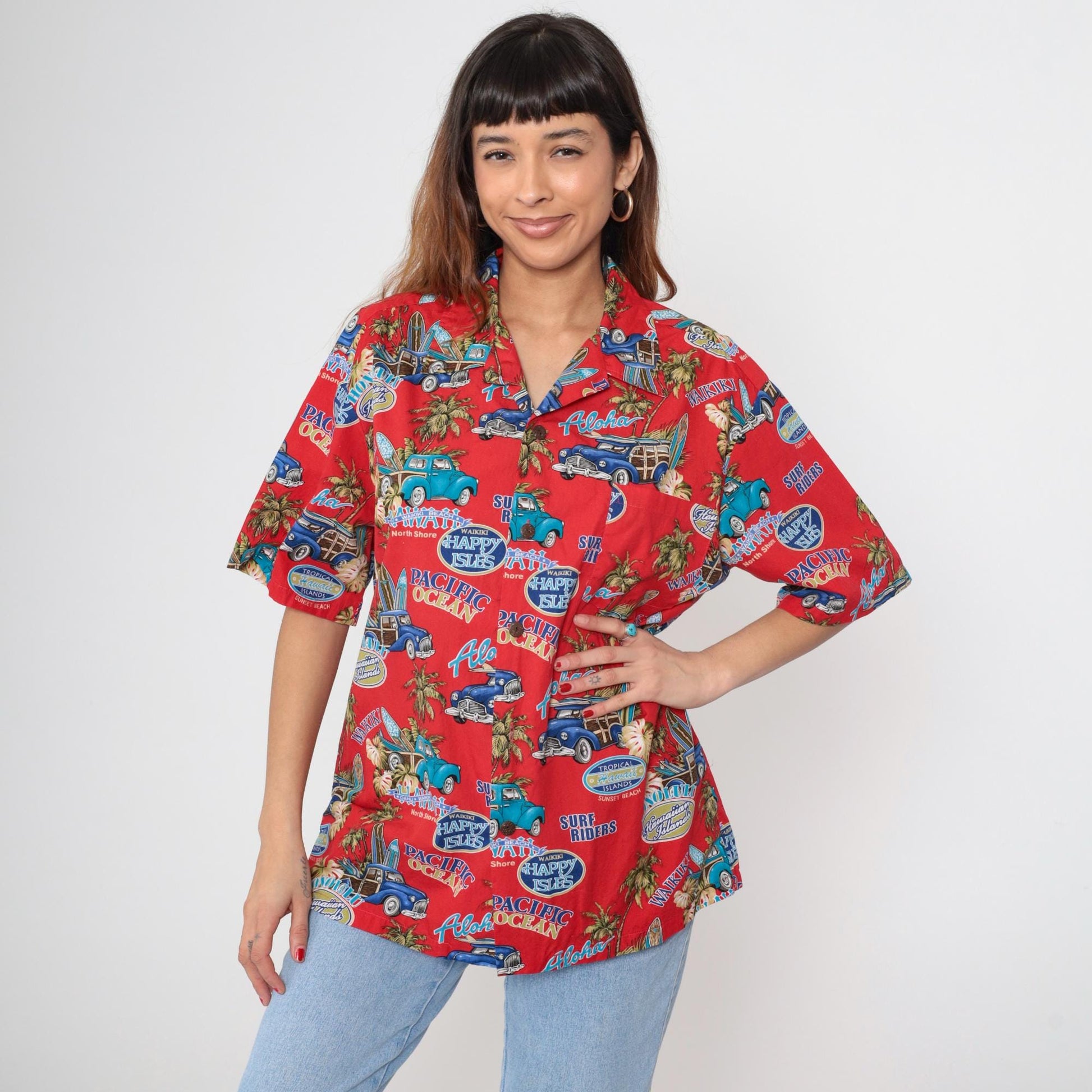 90s Howie Red Hawaiian Shirt Woodie Car Surf Print Aloha Mens Large L